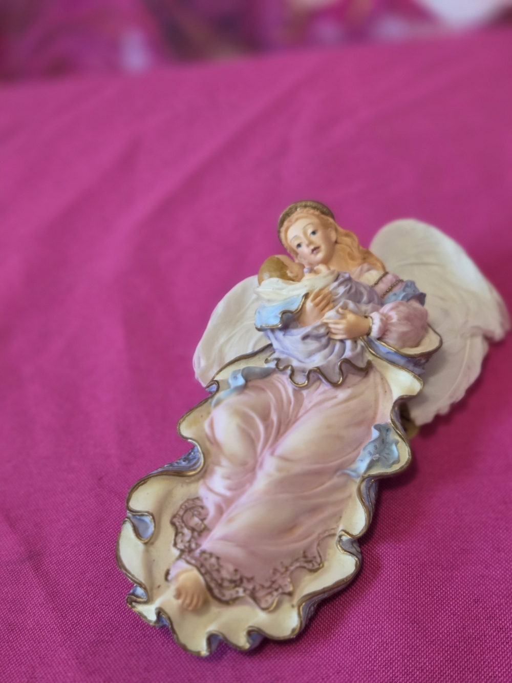 Pink Angel Figurine Plaque - Hand-Painted Decorative Angel Virgin Mary